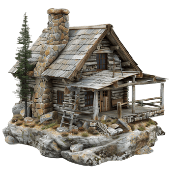 Rustic Mountain Log Cabin on Rocky Outcrop with Stone Chimney and Porch png