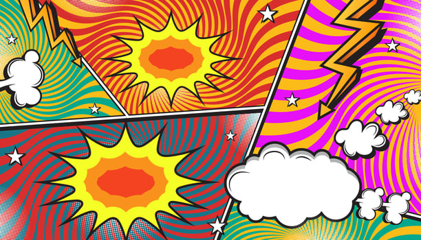 Pink and Red Comic Book Explosion with Pop Art Style, Halftone Dots, Speech Bubbles, and Dynamic Action Bursts with Set of Vibrant Comic Page Frames and blank Conversation Panels vector