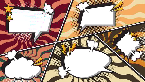 Brown Retro Comic Book Explosion with Pop Art Style, Halftone Dots, Speech Bubbles, and Dynamic Action Bursts with Set of Vibrant Comic Page Frames and blank Conversation Panels vector