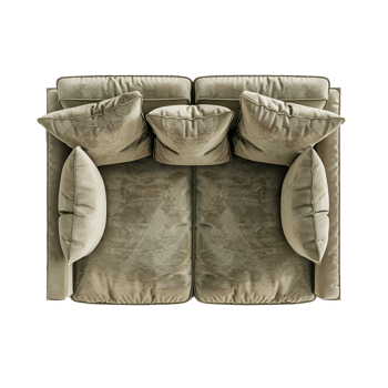 Top View of a Luxurious Olive Green Velvet Sofa with Multiple Pillows png