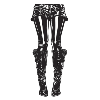 A striking monochrome illustration of a woman's legs clad in shiny leather shorts and tall boots png