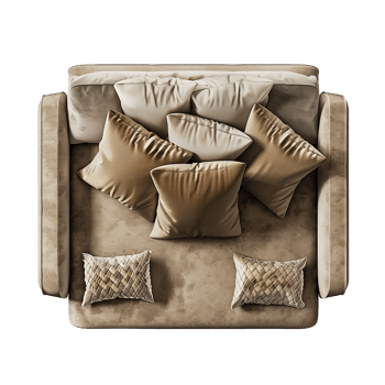 Top View of a Luxurious Brown Velvet Sofa with Multiple Pillows png