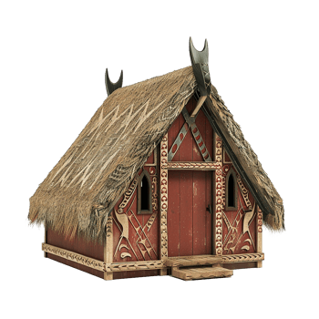 Detailed 3D Render of a Traditional Polynesian Thatched House with Intricate Carvings png