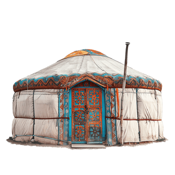 Ornate Traditional Mongolian Yurt with Vibrant Painted Door and Walls png