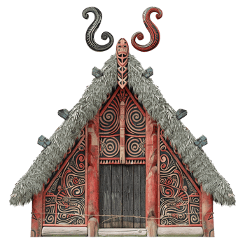 Intricate Maori Meeting House Facade with Carved Wood and Thatch Roof png