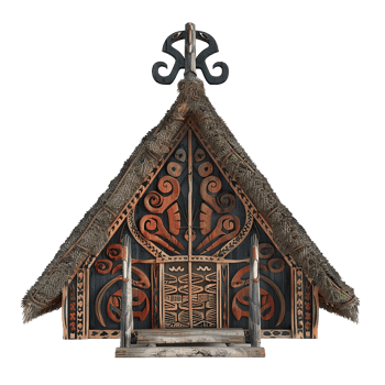 Intricate Carved Wooden House Model with Thatched Roof and Unique Tribal Designs png
