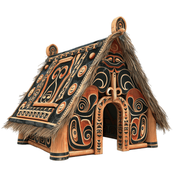 Intricate Carved Wooden House Model with Thatched Roof and Native American Designs png