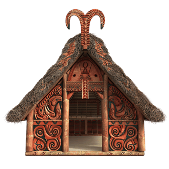Intricate Maori Meeting House Model with Detailed Carvings and Thatch Roof png