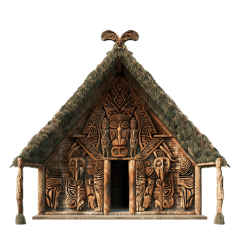 Intricate Carved Wooden Polynesian House with Thatched Roof and Totem Figures png