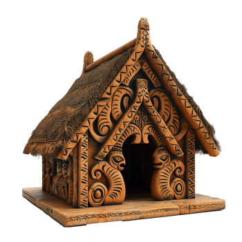 Intricately Carved Maori Style Wooden House Miniature Model with Thatched Roof png