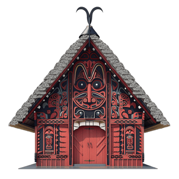 Intricate Carved Maori House Front with Thatched Roof and Tribal Mask Design png