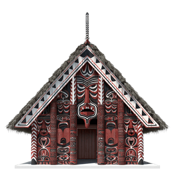Ornate Maori Meeting House with Intricate Carvings and Thatched Roof png