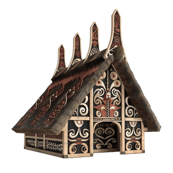 Intricate Carved Wooden House Model with Thatched Roof and Traditional Polynesian Designs png