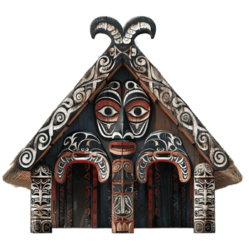 Intricate Maori House Front with Carved Wooden Masks and Pillars png