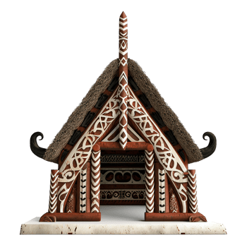A meticulously crafted model of a traditional Maori meeting house showcasing intricate carvings and thatch roofing png