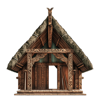 Intricate MaoriStyle Wooden House Entrance with Thatched Roof and Carved Details png