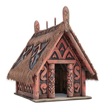 Intricate Polynesian Style Hut Model with Thatch Roof and Carved Wooden Details png