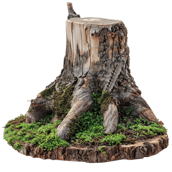 A weathered tree stump with exposed roots and lush green moss png