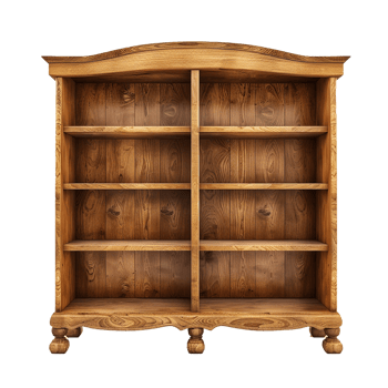 Rustic Wooden Bookcase with Six Empty Shelves and Turned Feet png