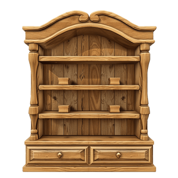 Rustic Wooden Bookcase with Three Shelves and Two Drawers png