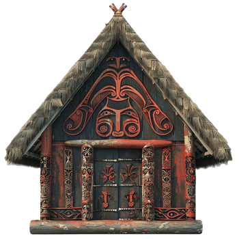 Ornate Traditional Polynesian Hut with Intricate Carvings and Thatched Roof png