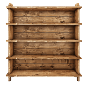 Rustic Wooden Shelving Unit with Four Empty Shelves Perfect for Display or Storage png