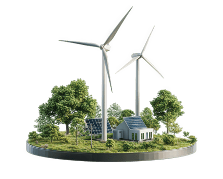 A house with wind turbines and solar panels png