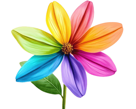 vibrant flower with rainbow petals, symbolizing beauty and joy. colorful bloom features shades of red, orange, yellow, green, blue, and purple, complemented by green leaf png