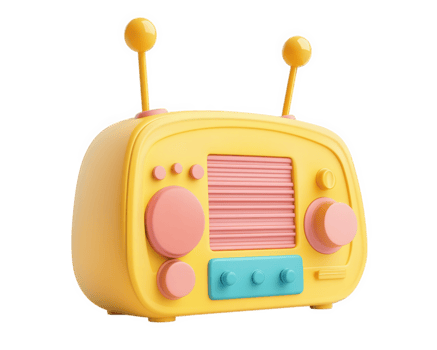 Colorful radio with playful design for kids, featuring bright yellow, pink, and blue elements, perfect for fun atmosphere png