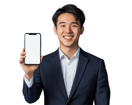 Asian man in suit holding up a blank white phone png