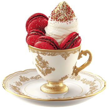 Elegant teacup with red macarons symbolizing indulgence sophistication sweetness and the delightful combination of fine pastries and tea png