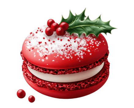 A red macaroon with a holly leaf on top png
