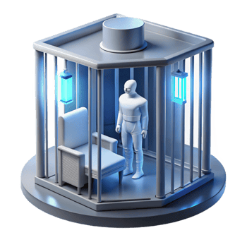 vibrant traditional A futuristic prison cell containing a lone prisoner bathed in a stark white light. Lighting harsh, sterile. Style dystopian professional png