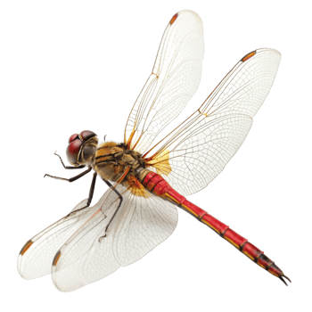 Closeup of a vibrant red and orange dragonfly with translucent wings against a black background png