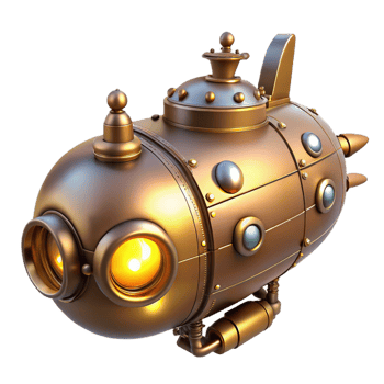 beautiful rustic A steampunk submarine exploring the depths of the ocean, with glowing portholes and intricate brass details, lit by an underwater glow, in a mysterious, adventurous style authentic png