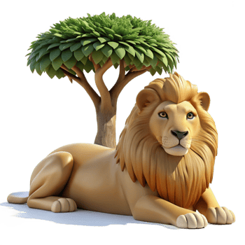 stunning artistic A regal lion resting in the shade of an acacia tree, illuminated by the dappled sunlight, in a majestic, realistic style detailed png