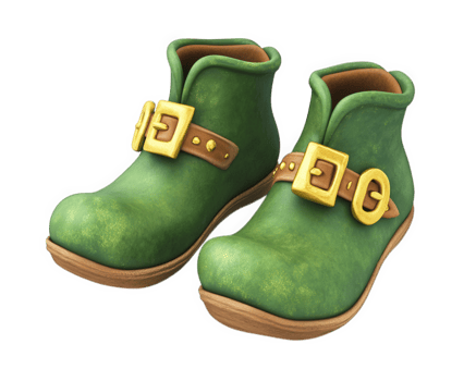 Whimsical green leprechaun shoes with golden buckles and wooden soles, perfect for festive occasions and playful themes png