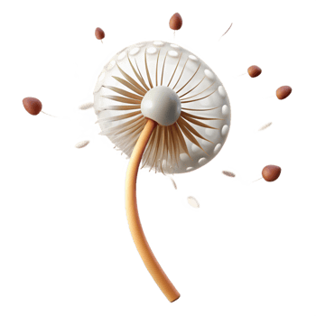 extraordinary rustic A single dandelion seedhead with seeds blowing in the wind, soft lighting, whimsical style high quality png