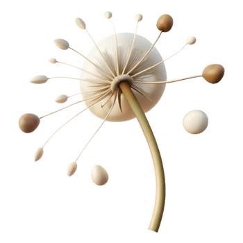 vibrant vintage A single dandelion seedhead with seeds blowing in the wind, soft lighting, whimsical style exclusive png