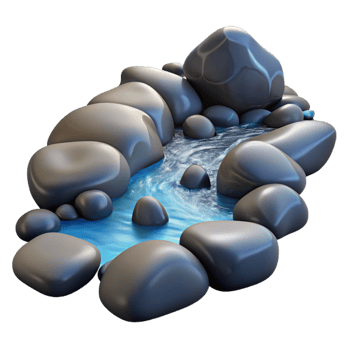 serene minimalist A babbling brook flowing over smooth stones, natural light, realistic style high quality png