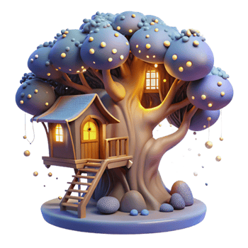 stunning contemporary A whimsical treehouse nestled in the branches of a giant, glowing tree, surrounded by fireflies. Soft, magical lighting. Fairytale, dreamlike style high quality png