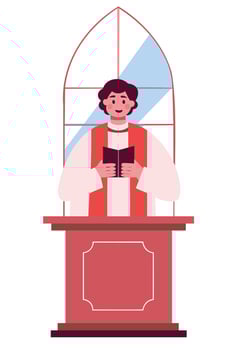 Priest reading from the bible in a church, standing at the altar with stained glass window in the background vector