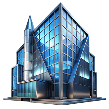 dramatic traditional Deconstructivist office building with sharp angles, metallic surfaces, reflecting a neon cityscape at night, cyberpunk style authentic png