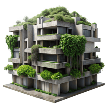 beautiful traditional A Brutalist concrete apartment complex, overgrown with lush vegetation, soft diffused daylight, cinematic rendering detailed png