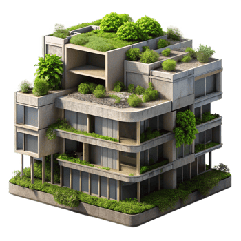 vibrant abstract A Brutalist concrete apartment complex, overgrown with lush vegetation, soft diffused daylight, cinematic rendering genuine png