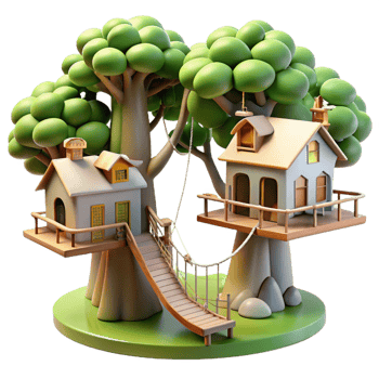 beautiful rustic A treehouse village interconnected by rope bridges, dappled sunlight through the leaves, whimsical and charming high resolution png