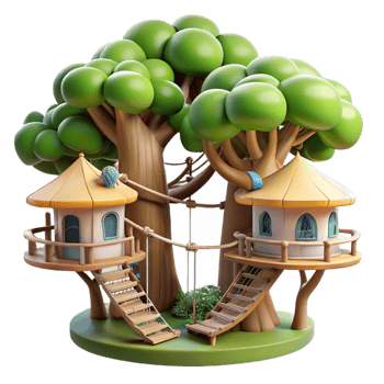 elegant rustic A treehouse village interconnected by rope bridges, dappled sunlight through the leaves, whimsical and charming original png