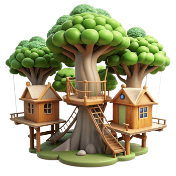 extraordinary abstract A treehouse village interconnected by rope bridges, dappled sunlight through the leaves, whimsical and charming premium png