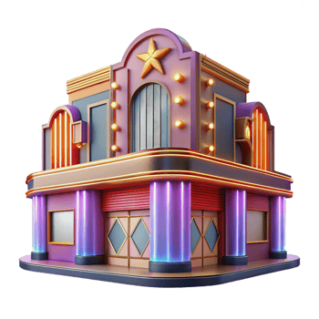 elegant modern An Art Deco cinema with a grand marquee, vibrant neon lights, vintage glamour authentic png