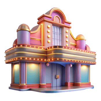 stunning modern An Art Deco cinema with a grand marquee, vibrant neon lights, vintage glamour professional png